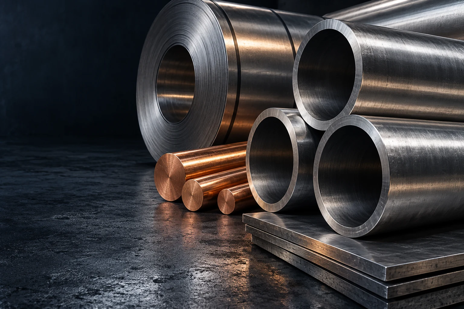 Illustrative arrangement of steel pipes, rolled sheet, plate and copper rods